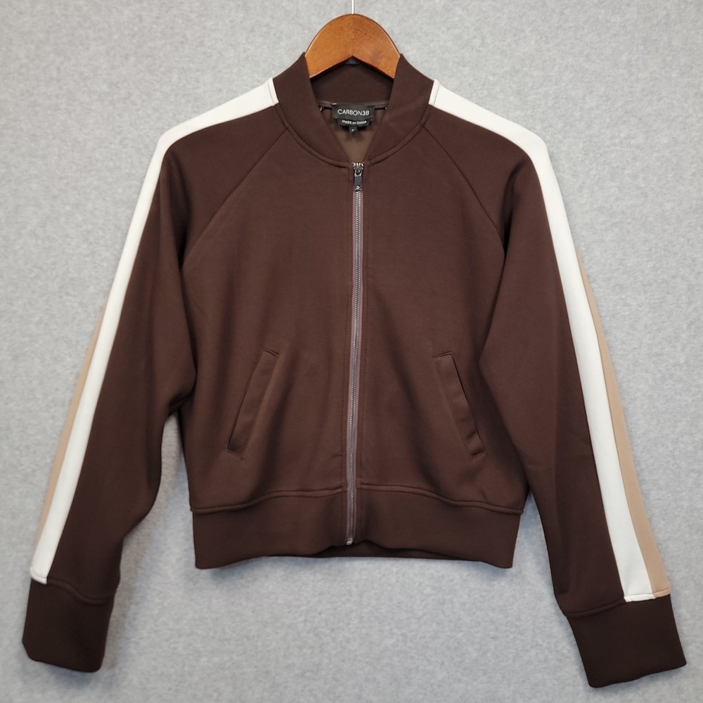 Carbon38 Scuba Bomber Jacket‎ With Contrast Stripes Chocolate Brown Women's Sz M